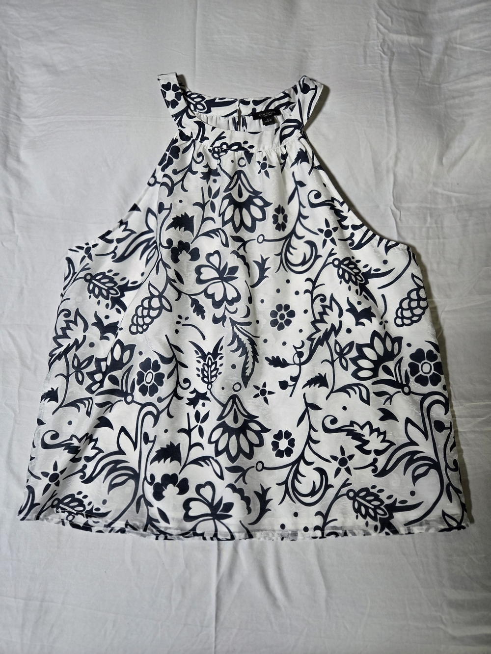 Ann Taylor Factory White Halter Tank with Navy Floral Print